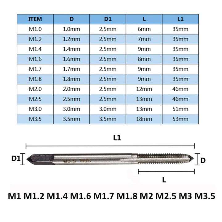 Eyech 10pc Micro Taps Bits Metric Tap Set Mini Machine Screw Drill Tap Set Micro Machine Tap Set Straight Flute M1 to M3.5 Thread Screw Tap Tool for Clocks and Watches Tapping