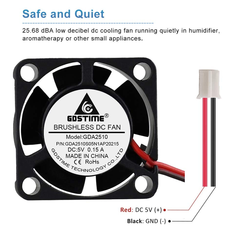 2-Pack 25mm x 10mm 5V Brushless DC Cooling Fan 2 Pin for Humidifier, Projector, Aroma Diffuser Ventilation