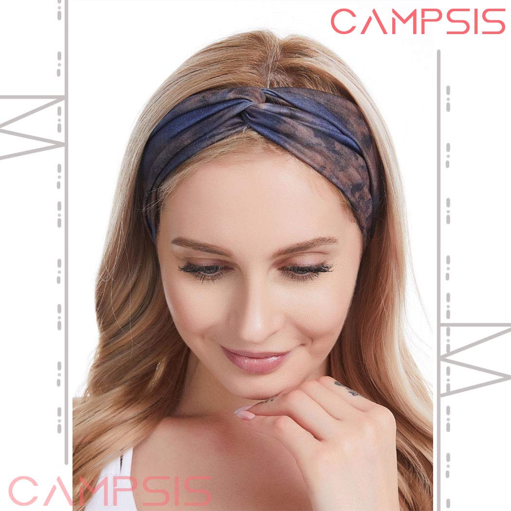 Boho Knot Headband Bule Criss Cross Turban Tie Dye Print Pattern Head Wrap Elastic Twisted Hairbands Yoga Sport Head Scarf Headwear for Women and Girls (Pack of 3)