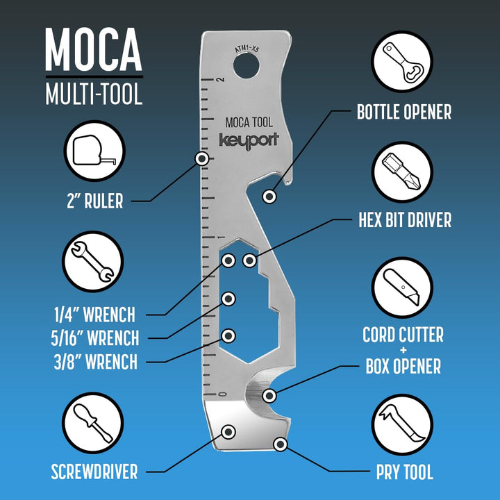 MOCA 10-in-1 Keychain Multitool (Stainless) | EDC Multi Tool: Pry Bar, Bottle Opener, Screwdriver, Box Opener, Cord Cutter &amp; More | TSA Key Tool | EDC Gear | For Key Organizer &amp; Key Chain