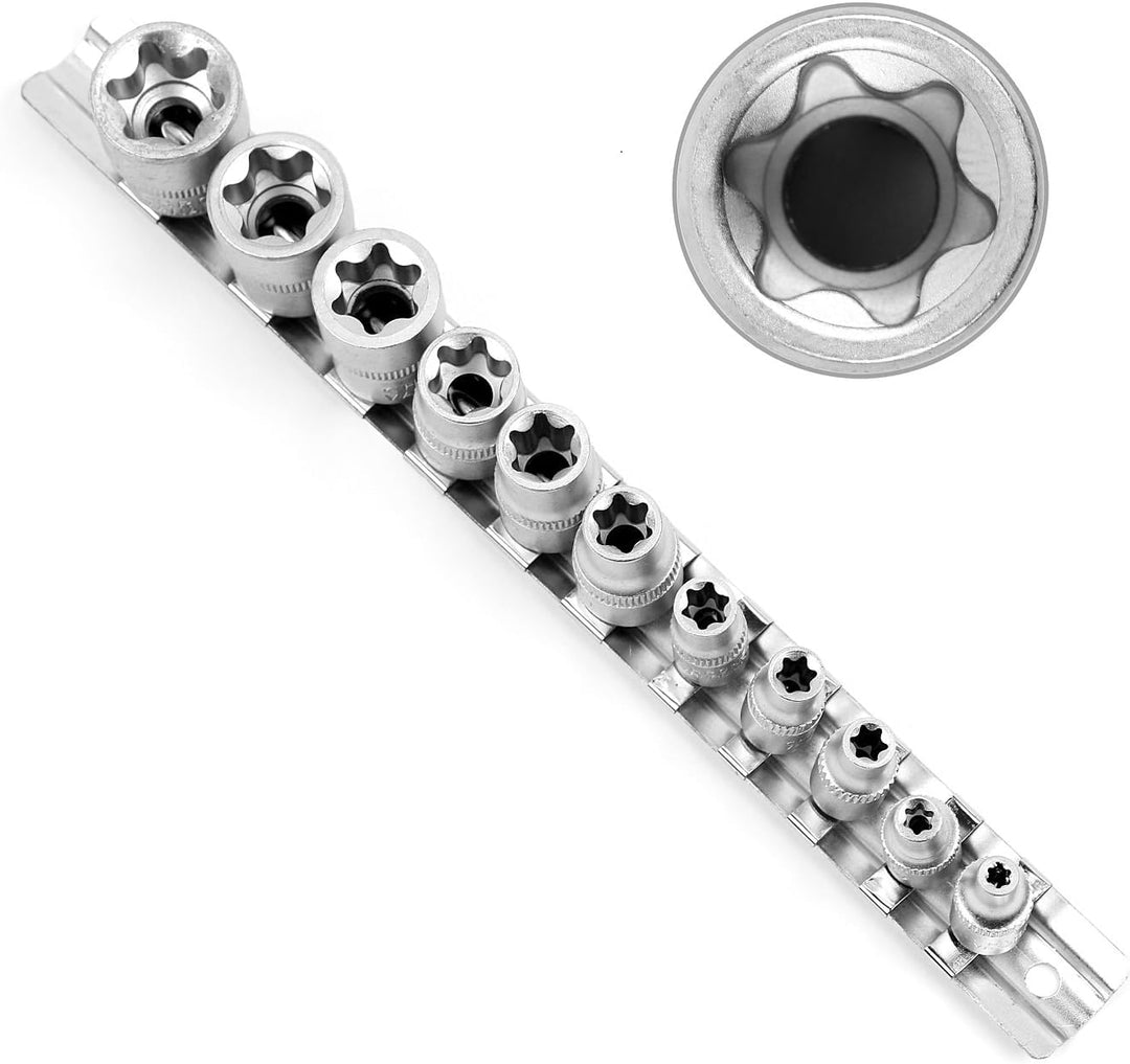 11 Pc Female E Torx Star Socket Set/Rail, Female External Star Socket Set E4 - E20 Torque Socket Set