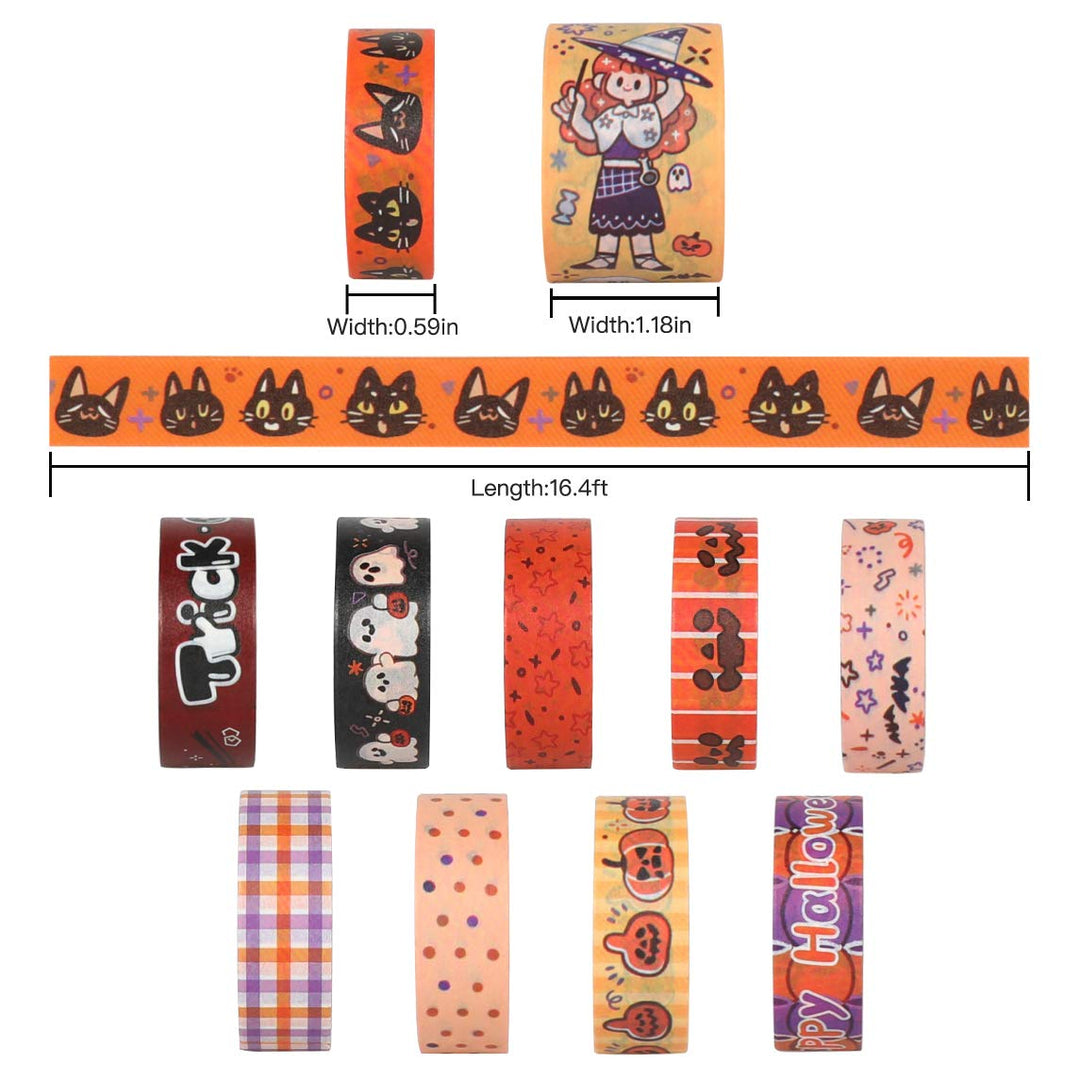 Halloween Washi Tape - Holiday Washi Tape Set with Cat, Pumpkin, Ghost, Witch, Perfect for Bullet Journal, DIY Crafts, Planner, Scrapbook, Gift Packaging