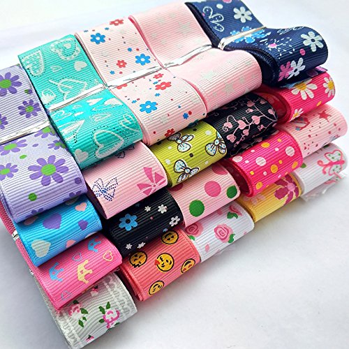 Assorted 20 Yards Grosgrain Ribbon Bow Daisy Butterfly Cake Love Heart Dots Flower Rose Smile Face Craft DIY Packing Hair Bow Accessory