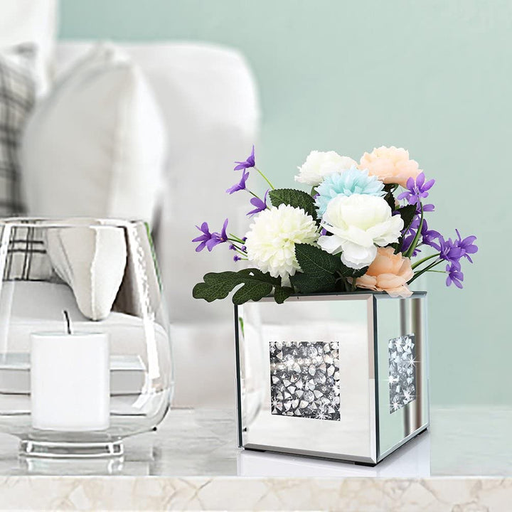 Crushed Diamond Mirrored Vase 6x6x6 inch Crystal Silver Glass Stunning Decorative Vase Flower Luxury for Home Decor. Can’t Hold Water.