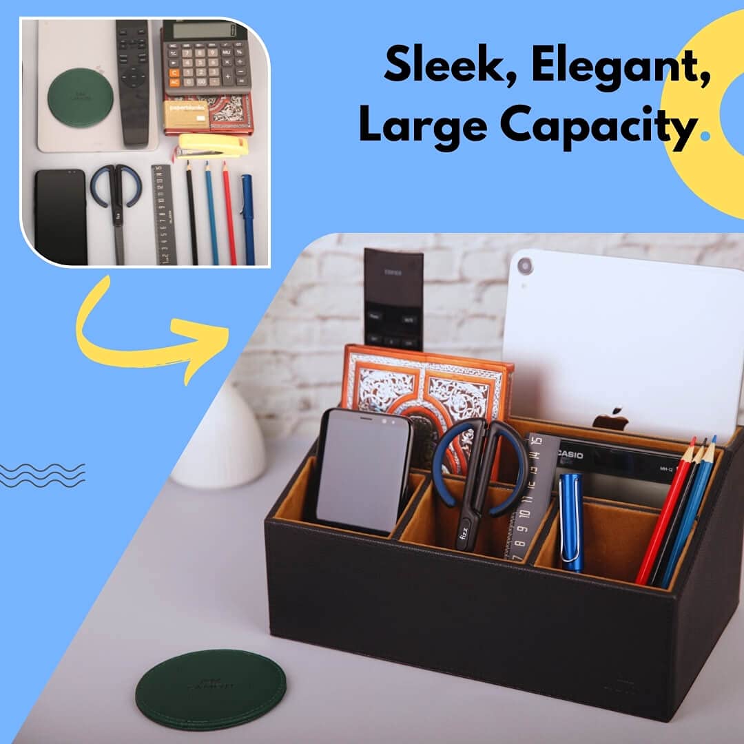 Leather Desk Organizer with a 4 Coaster, Large Capacity 5 Compartments Desktop Unifier, Handcrafted (Black)