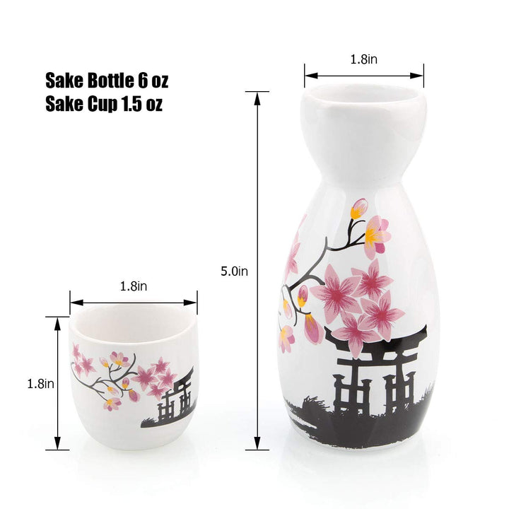 Japanese Sake Set, 1 Tokkuri Bottle &amp; 4 Ochoko Cups, Spring Blossoms Ceramic Sake Set Microwave and Dishwasher Safe