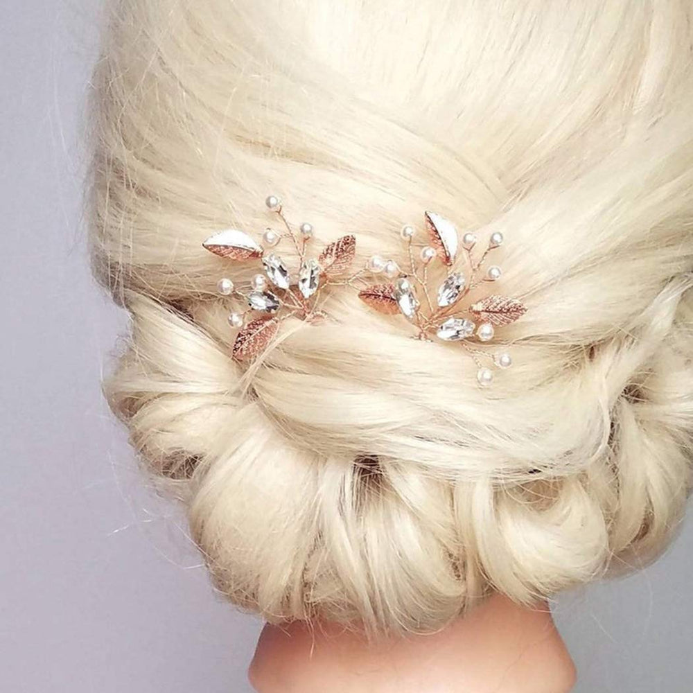 Bride Wedding Crystal Hair Pins Leaf Bridal Rose Gold Hair Pieces Wedding Pearl Hair Accessories for Women and Girls Pack of 3