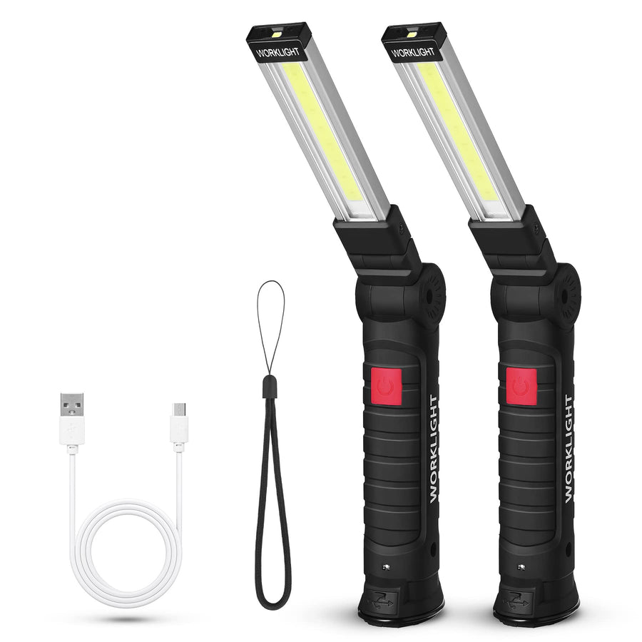 LED Worklight Flashlight, COB Rechargeable Work Lights with Magnetic Base 360 Degree Rotate and 5 Modes Portable Flood Light Inspection Construction Light for Car Repair (Black Silver, 2 pack)