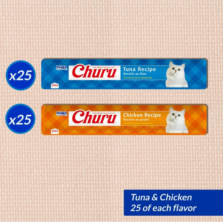 Churu Cat Treats, Grain-Free, Lickable, Squeezable Creamy Purée Cat Treat/Topper, 25 Tuna &amp; 25 Chicken