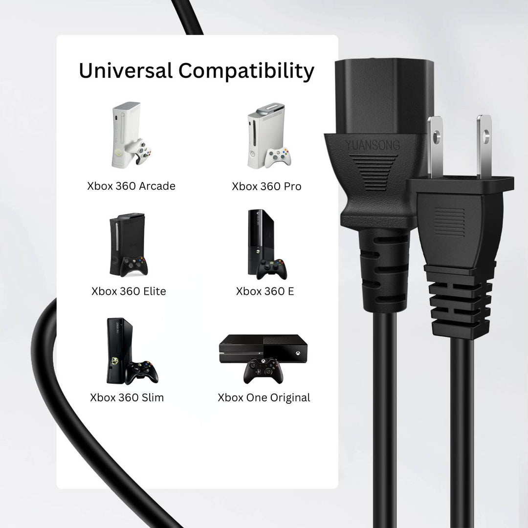 TNP 2 Prong Power Cord for Xbox 360 (10 ft) Compatible with PS4 Pro, Xbox One Original, Xbox 360 Slim/Pro/E/Elite/Arcade/Jasper/Falcon - Black 2 Prong AC Power Cord Cable Replacement