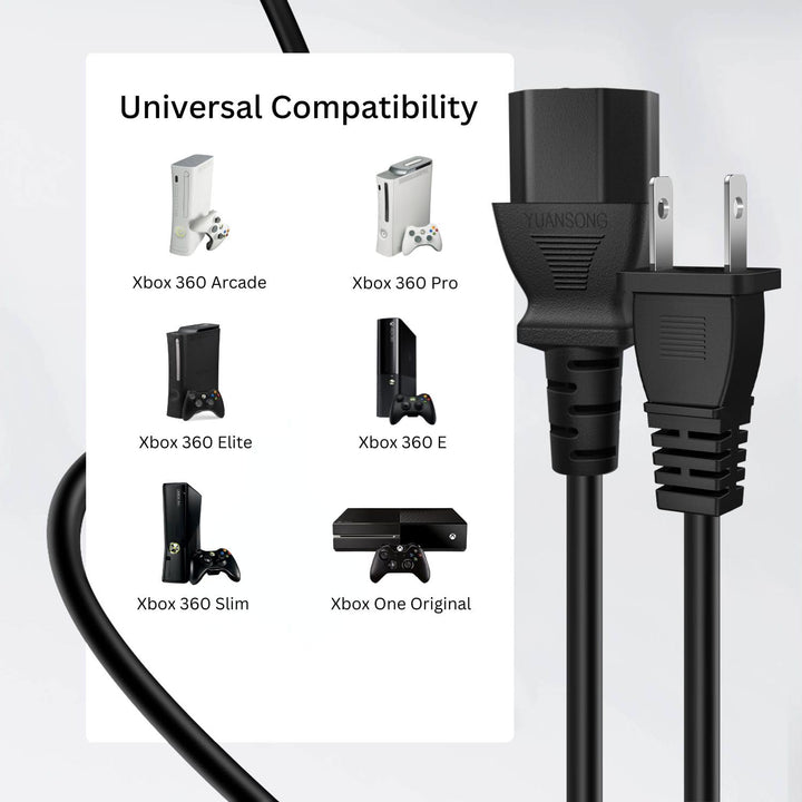 TNP 2 Prong Power Cord for Xbox 360 (10 ft) Compatible with PS4 Pro, Xbox One Original, Xbox 360 Slim/Pro/E/Elite/Arcade/Jasper/Falcon - Black 2 Prong AC Power Cord Cable Replacement