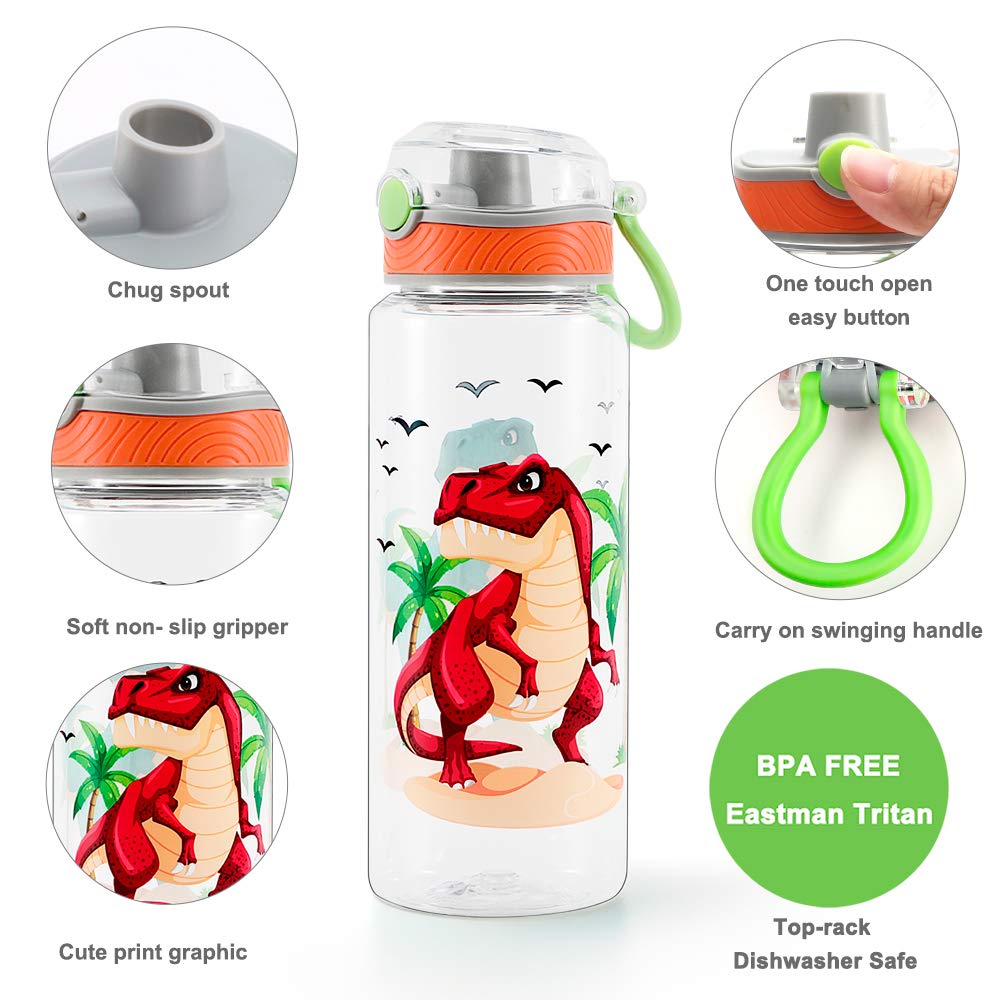 Cute Water Bottle for School Kids Boys, BPA FREE Tritan &amp; Leak Proof Flip Top Lid &amp; Easy Clean &amp; Carry Handle, 23oz/ 680ml - Dinosaur