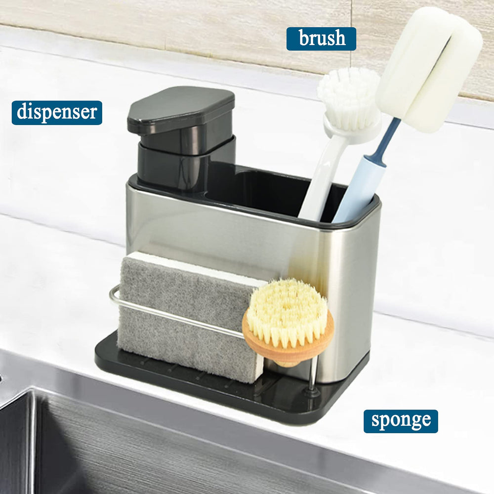 Soap Dispenser with Sponge Holder and Brush Holder, Kitchen Dish Soap Pump Sink Caddy for Countertop, Stainless Steel