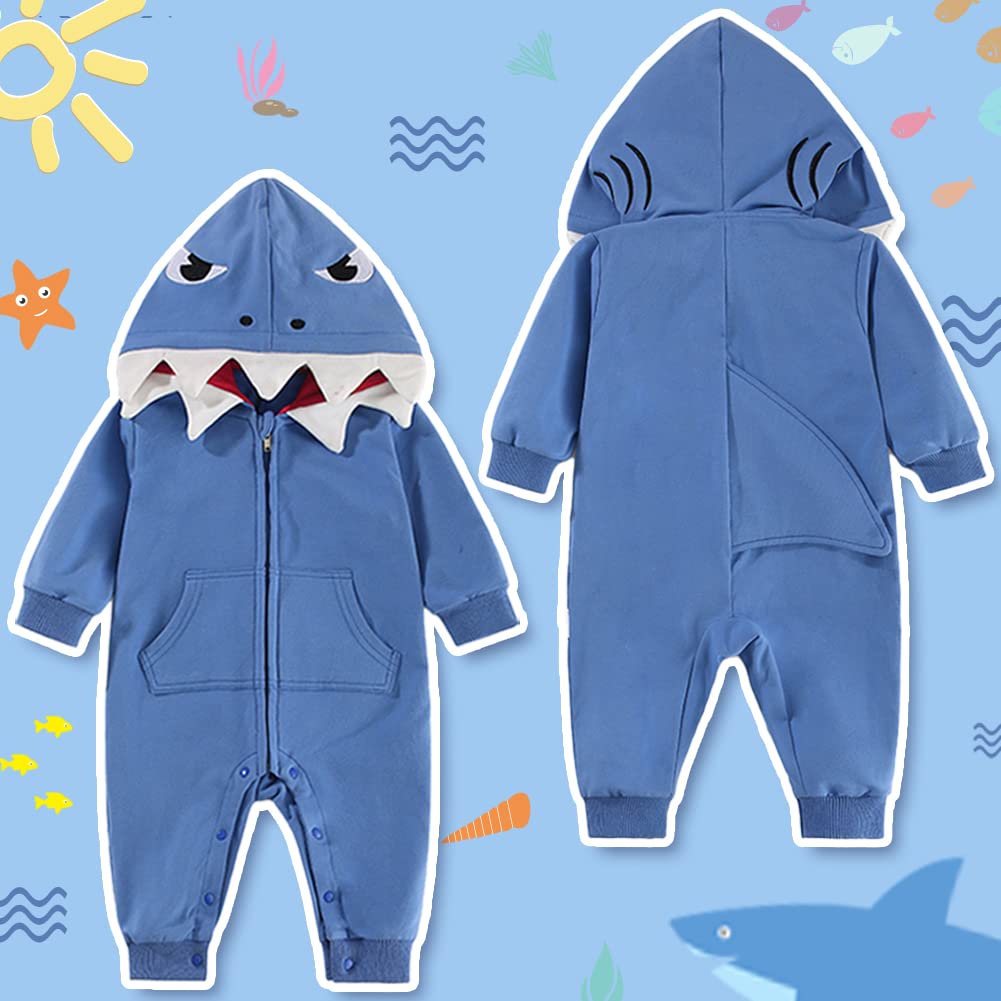 Shark Baby Onesie Cotton 3D Cartoon Romper Cute Jumpsuit Hooded Outwear for Toddler Baby Boys Girls 3-24M