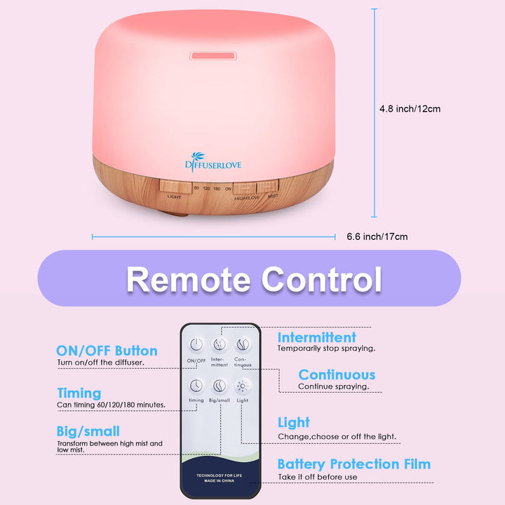 Diffuser Essential Oil Diffusers 500ML Remote Control Aroma Diffuser Cool Mist Aromatherapy Diffuser with Mute Design, Timer and Auto Shut-Off for Office Living Room Yellow