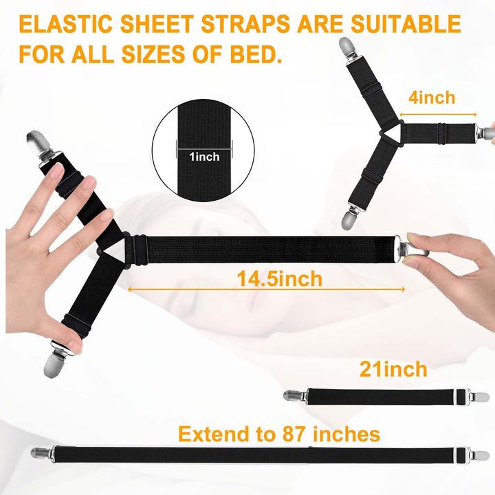 Bed Sheet Straps Set 4+1 Pcs. Sheet Holders for Corners, Bedsheet Clips Elastic Adjustable Sheet Fasteners Heavy Duty Fitted Sheet Grippers for Bedding Sheet (Black)