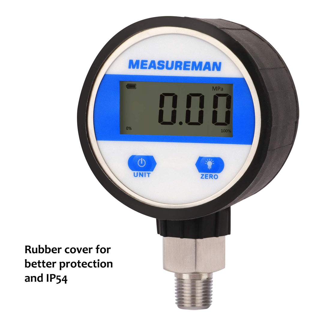 2-1/2 dial, Digital Industrial Vacuum Gauge with 1/4 NPT Lower Mount, Stainless Steel case and Connection, 15psi, 1%,Battery Powered, with LED Light