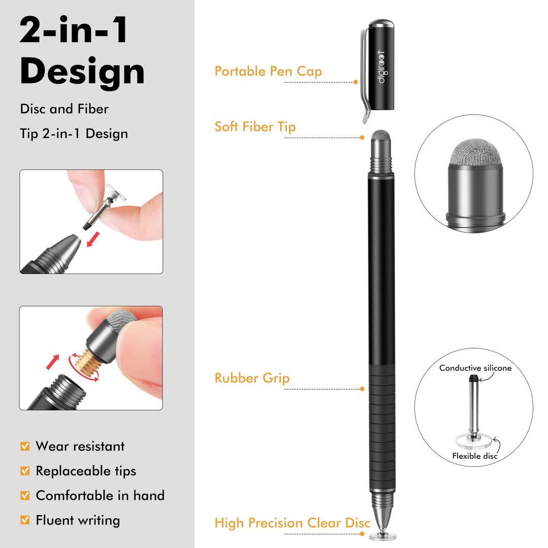 Digiroot Universal Stylus,[2-in-1] Disc Stylus Pens for All Touch Screens Cell Phones, iPad, Tablets, Laptops with 6 Replacement Tips(4 Discs, 2 Fiber Tips Included) - (Black)