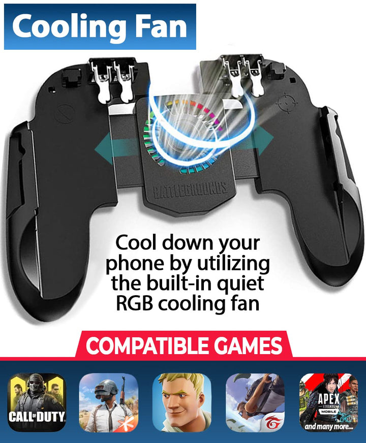 4 Trigger USB Mobile Game Controller with Cooling Fan Adjustable Stand for PUBG/Call of Duty/Fotnite [6 Finger Mode] L1R1 L2R2 Gaming Grip Gamepad