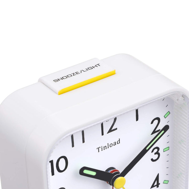Small Battery Operated Analog Alarm Clock Silent Non Ticking, Ascending Beep Sounds, Snooze,Light Functions, Easy Set(White)