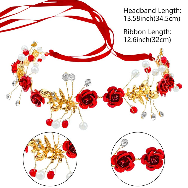 2 Pcs Red Flower Crown Headband Rhinestone Pearl Tiara Red Rose Bride Crown Crystal Red Headband Wedding Headpiece Hair Jewelry for Women