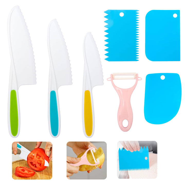 7-Piece Kids Knives for Real Cooking Set, Christmas Gifts for 2 3 4 5 6 Year Old Boys Girls, Fake Knife Safe Kids Knives. Nylon Knives for Fruit, Bread, Cake, Vegetable