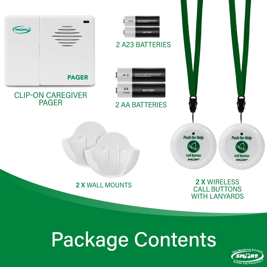 Smart Caregiver Two Call Buttons &amp; Wireless Caregiver Pager for Fall Prevention and Elderly Assistance | Caregiver Call Button with Wearable Lanyard | Nurse Call Alert System with Up to 300&#39; Range
