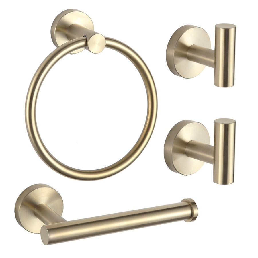 4 PCS Bathroom Hardware Set,Brushed Gold SUS304 Stainless Steel Wall Mounted Bathroom Accessories Gold Kit Include Hand Towel Ring,Brushed Gold Toilet Paper Holder,and 2 Robe Towel Hooks