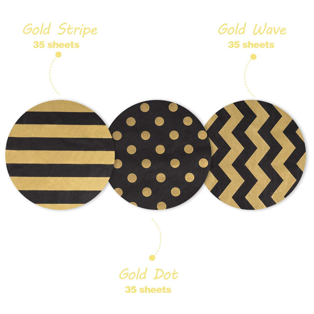 105 Sheets Gold Black Tissue Paper Bulk, Metallic Gift 