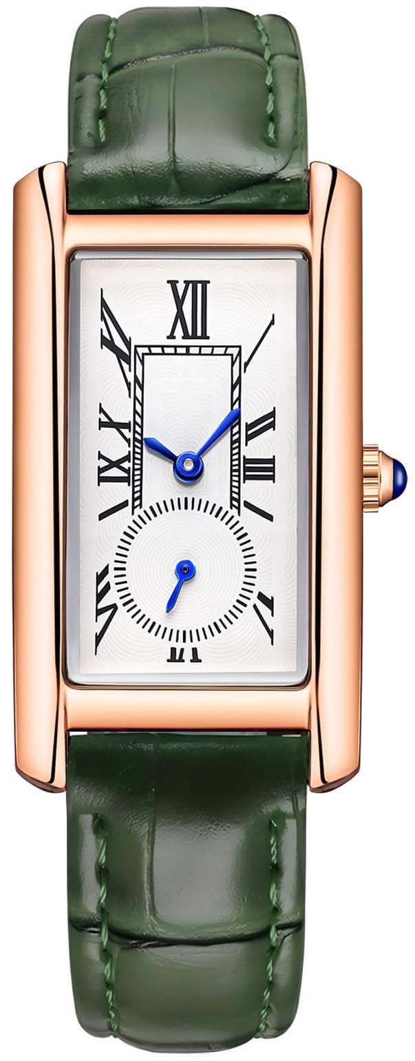 Women Quartz Watch Lady Stylish Rectangle Dress Watch with Leather Strap and Sapphire Crown (Rose Green)