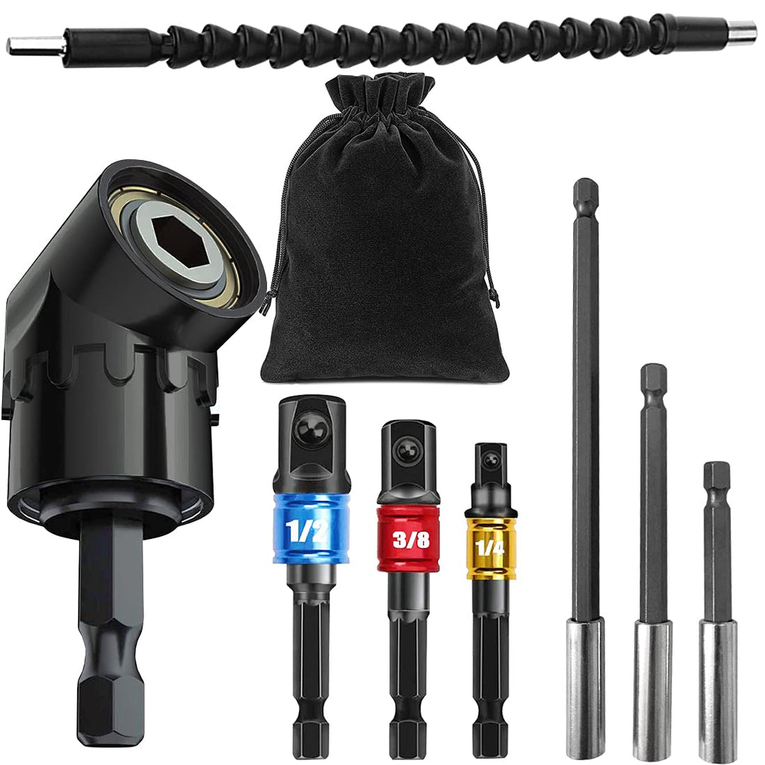 Impact Grade Sockets Adapter Driver Extension Set: 3Pcs 1/4 3/8 1/2 Hex Shank Drill Nut Driver Bit,105 Degree Right Angle Screwdriver Attachment,Flexible Shaft Extension Bit,Magnetic Bit Holder Set