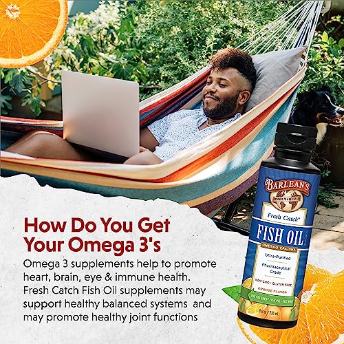 Barlean&#39;s Omega 3 Fish Oil Supplement, Liquid EPA and DHA Fatty Acid Supplements Support, High Potency Orange Flavored, 8 oz