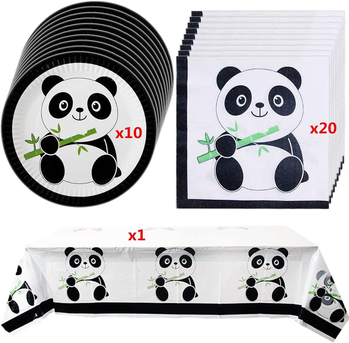 31 Pcs Panda Party Supplies, Panda Disposable Tableware Set with 10 Panda Plates 20 Napkins and 1 Tablecloth for Kids Baby Shower Birthday Decorations