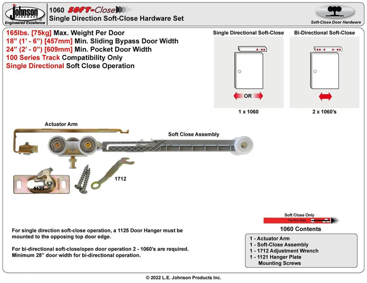 Johnson Hardware 1060 Soft Close Hanger - USA Made, , S