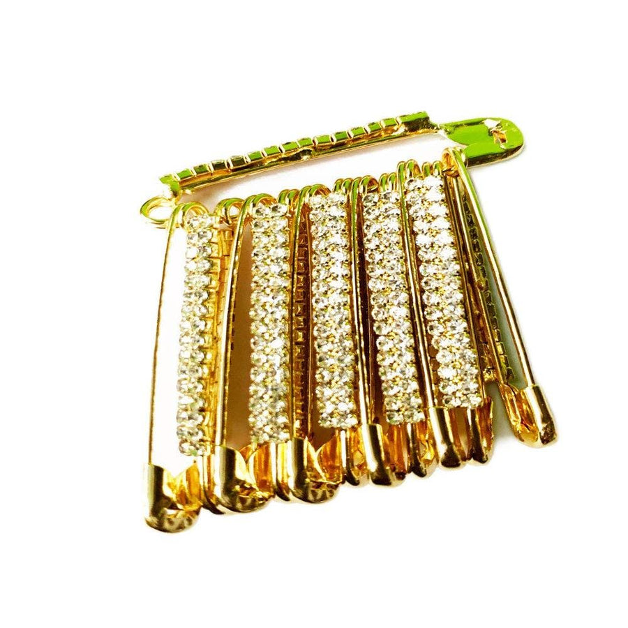 Decorative Golden Saree Pins with Double Stone,Safety Pin Decorated with Diamonds Set of 12