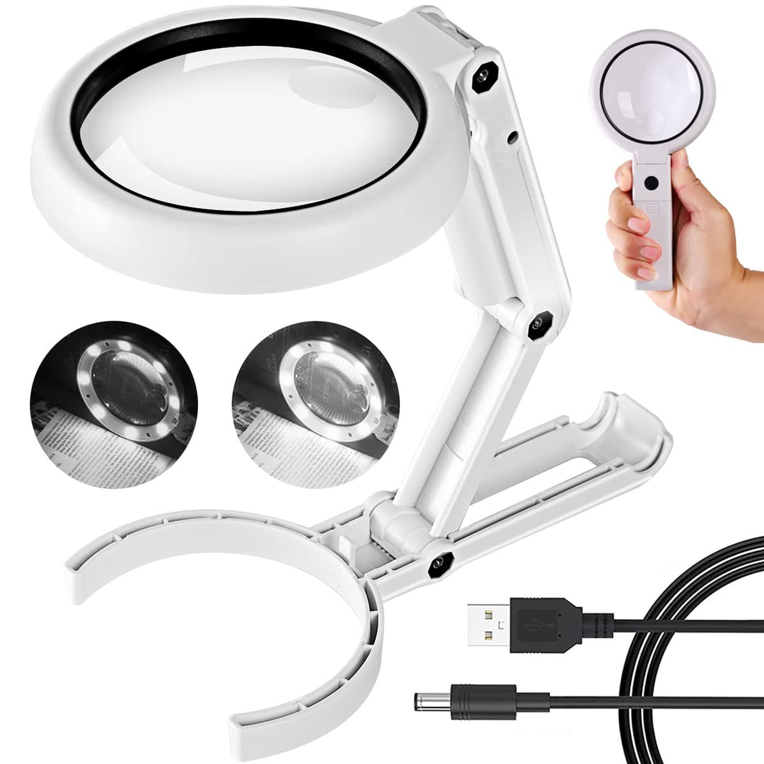 30X 10X Magnifying Glass with Light and Stand, Foldable Handheld Magnifying Glass & 2 Level Dimmable for Close Work, Macular Degeneration, Seniors Reading, Powered by Battery or USB