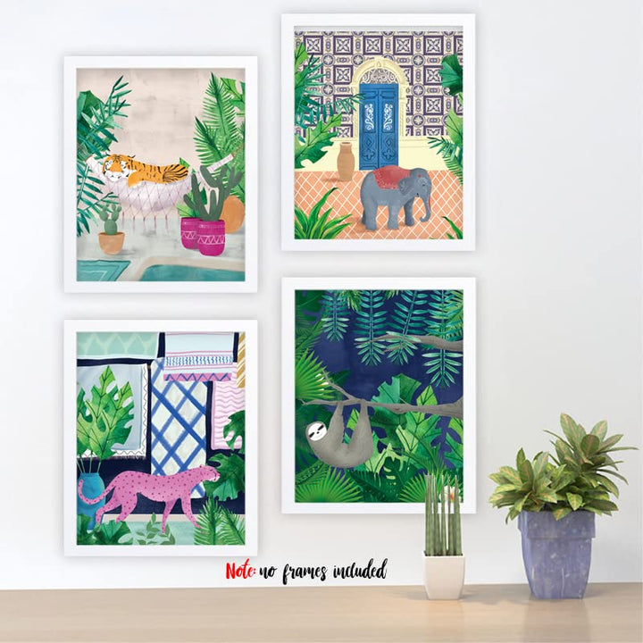 Moroccan Jungle Animal Wall Art Print - Leopard Tiger Bear Elephant Sloth Canvas Print - Forest Animal Tropical Plant Artwork for Kids Bedroom Decor (Set of 6) - Unframed - 8X10 inch