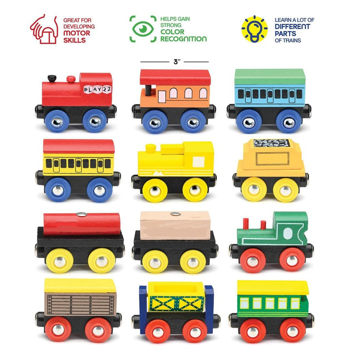 Wooden Train Set 12 PCS - Train Toys Magnetic Set Includes 3 Engines - Toy Train Sets For Kids Toddler Boys And Girls - Compatible With All Major Brands - Original - By