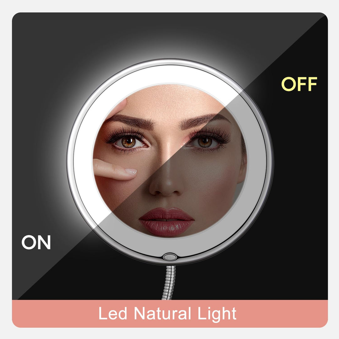Flexible Gooseneck 6.8 10X Magnifying LED Lighted Makeup Mirror, Bathroom Magnification Vanity Mirror with Suction Cup, 360 Degree Swivel, Daylight, Battery Operated, Cordless &amp; Travel Mirror