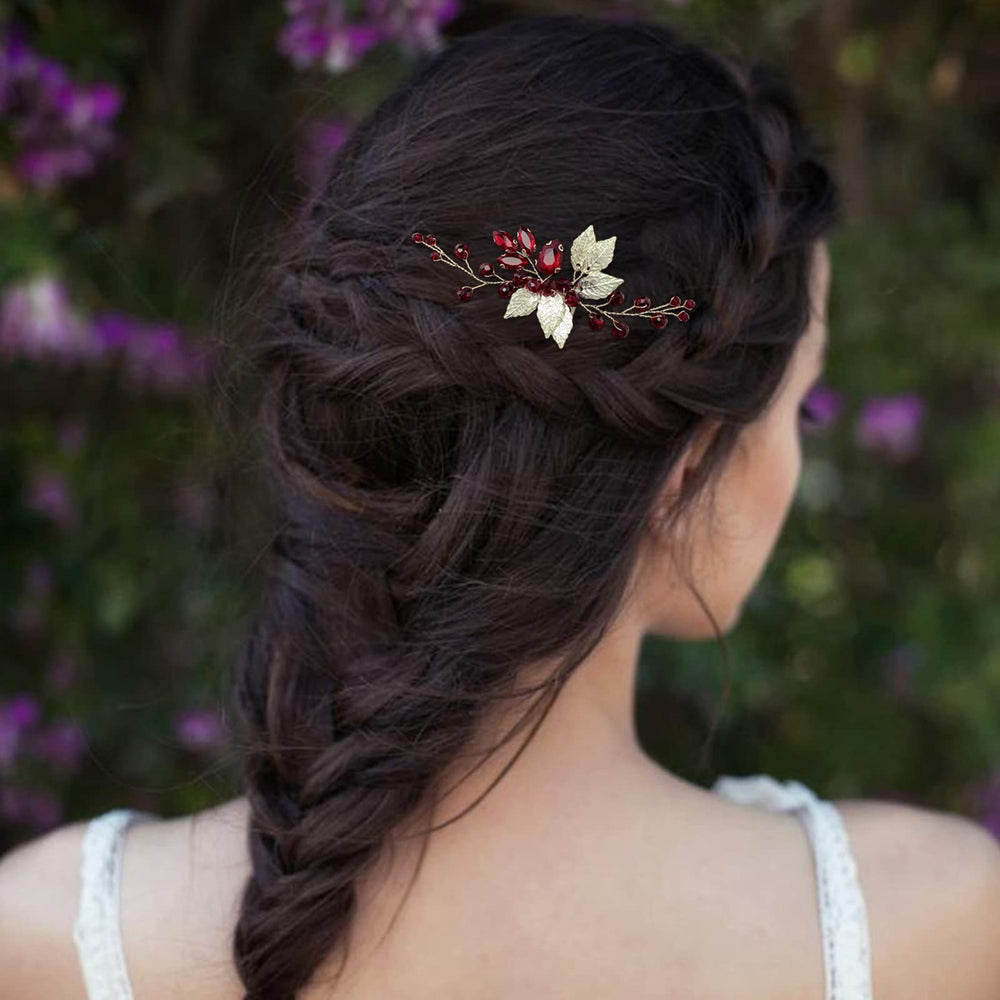 Bridal Hair Comb Emerald Green Crystal Gold Leaf Vine Hair Piece Accessories for Wedding Bride Women Party (Wine Red)