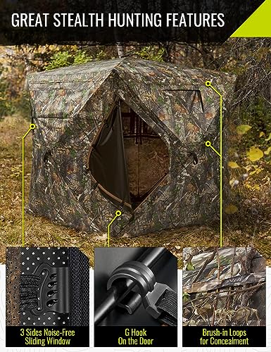 Hunting Blind See Through with Carrying Bag, 2-3 Person Pop Up Ground Blinds 270 Degree, 300D Portable Resilient Hunting Tent for Deer &amp; Turkey Hunting (Camouflage)