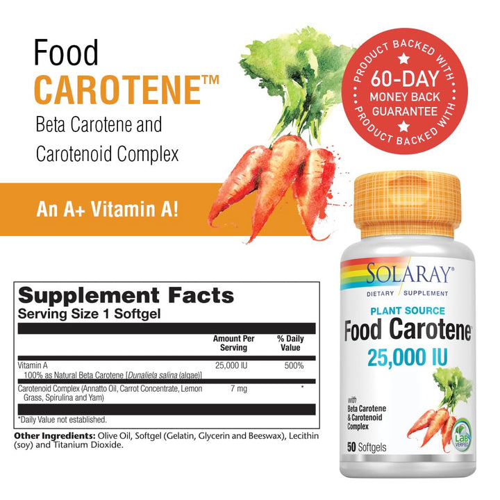 Food Carotene, Vitamin A as Beta Carotene 25000IU | Carotenoids for Healthy Skin &amp; Eyes, Antioxidant Activity &amp; Immune System Support | 50ct