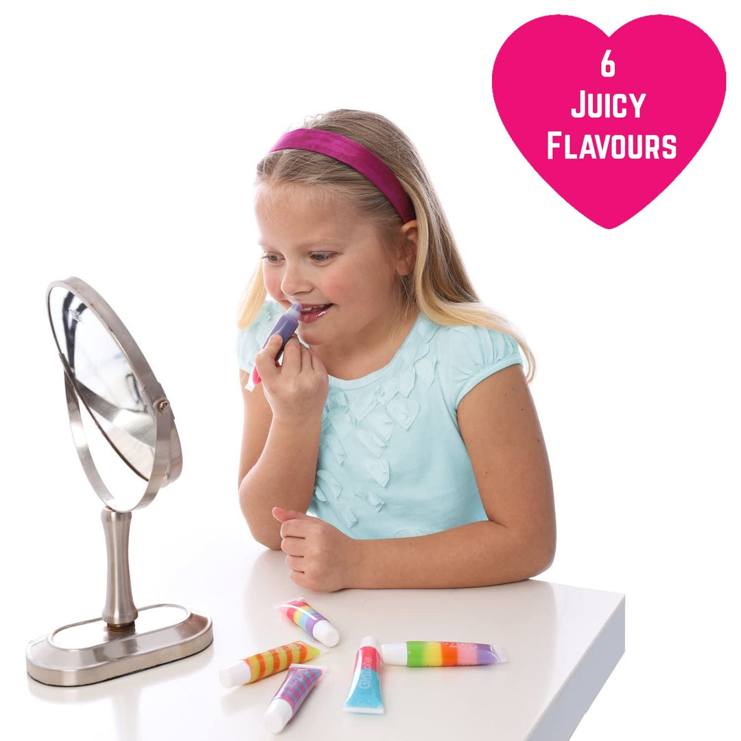 Rainbow Fruity Lip Gloss Makeup Set for Kids and Girls, Fabulous Lip Balm Set for Kids with 6 Fruit Scented Lip Gloss, Lovely Gift Idea