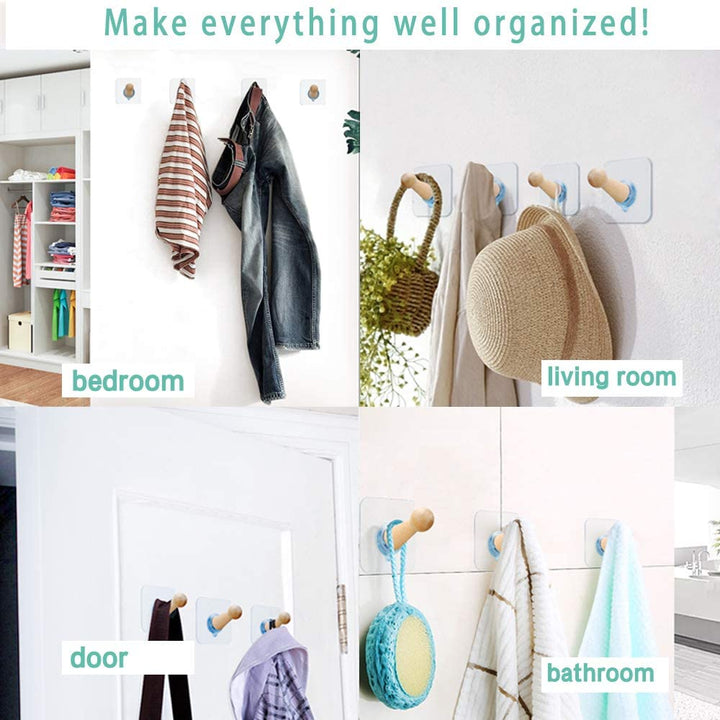 Adhesive Hat Hooks for Wall Hat Hanger Decorative Cap Holder Extended Wooden Pegs Towel Hooks for Door Bathroom Closet Cabinet Entryway Wardrobe-8 Pack