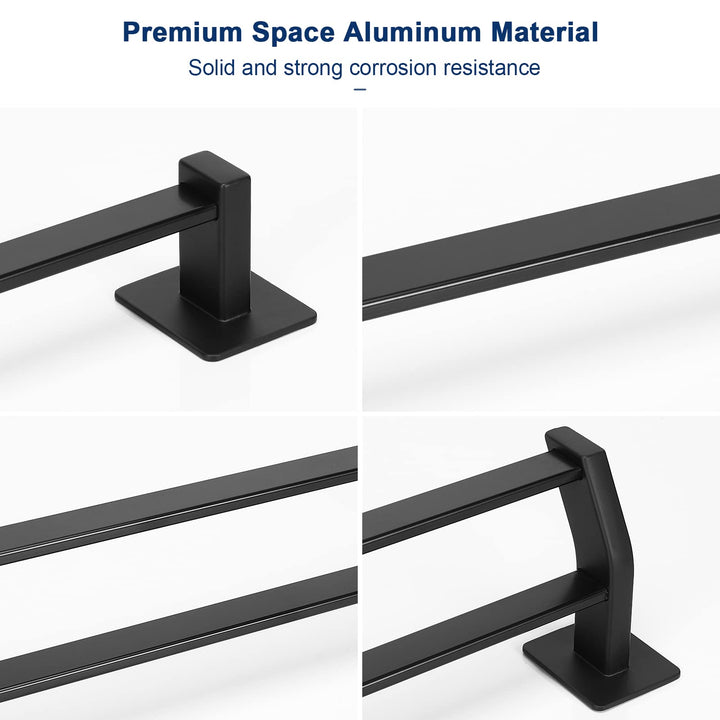 2 Pieces Bathroom Hardware Set, Premium Space Aluminum Single Towel Bar+ Double Towel Holder Rod, Glue Installation Towel Racks No Drill Bathroom Accessories (12 Inch, Matte Black)
