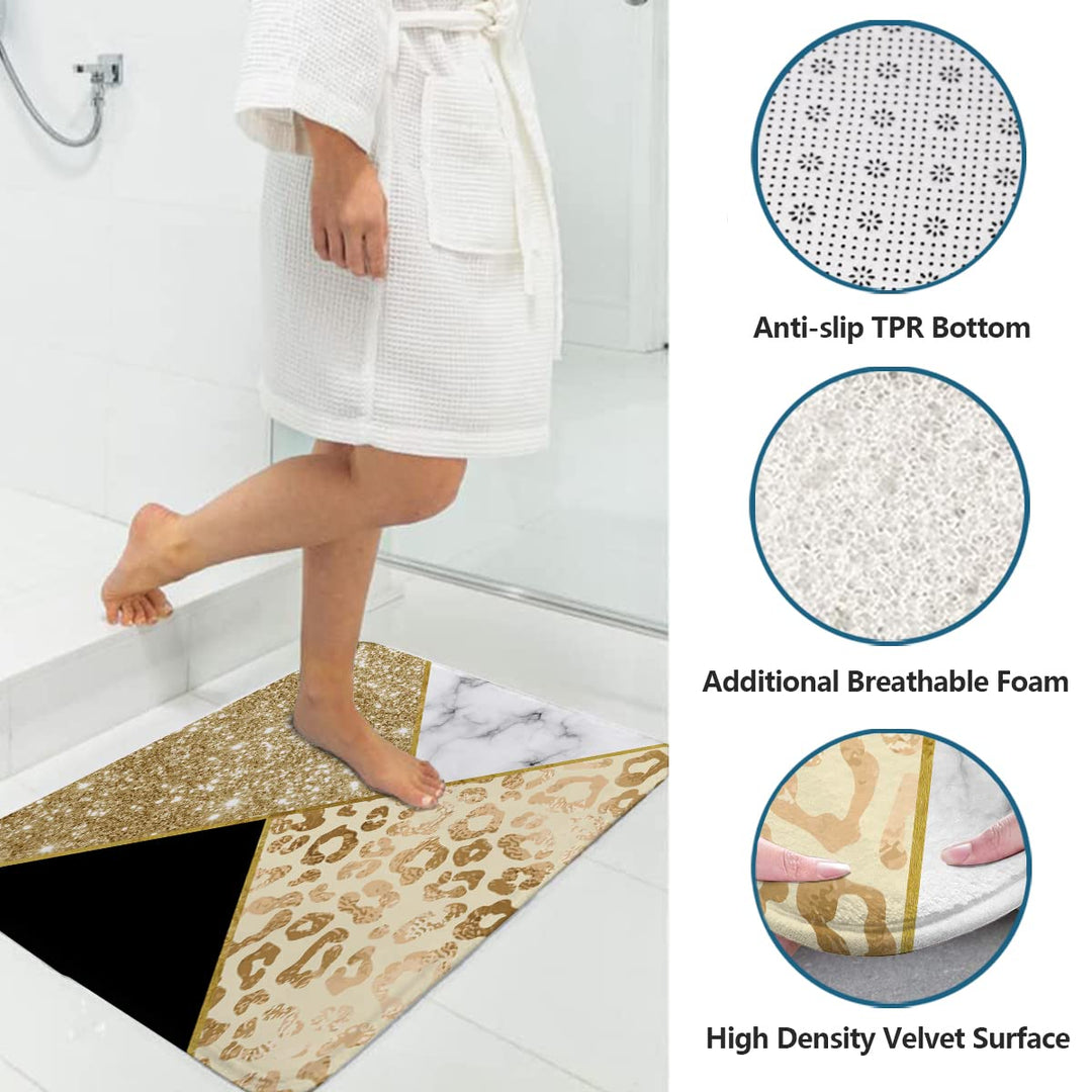 Atter Gold Leopard Marble Shower Curtain (No Glitter) Golden Geometric Polyester Fabric with Non-Slip Rug, Toilet Lid Cover and Bath Mat for Bathroom Set 4 Pcs (W60&#39;&#39;xH72&#39;&#39;) 12 Hooks Included