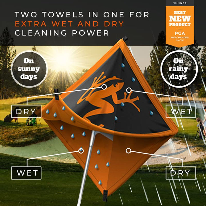 Amphibian Golf Towel with Wet and Dry Technology, Black/Grey - Golf Bag Accessory for Men and Women with Carabiner Clip