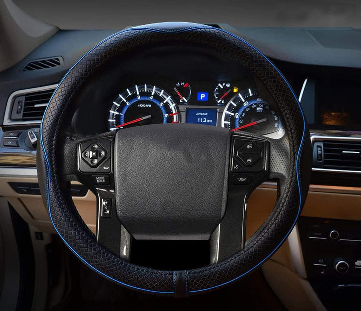 Steering Wheel Covers Universal 15 inch - Genuine Leather, Breathable, Anti Slip &amp; Odor Free (Black with Blue Lines, M(14 1/2-15 1/4))