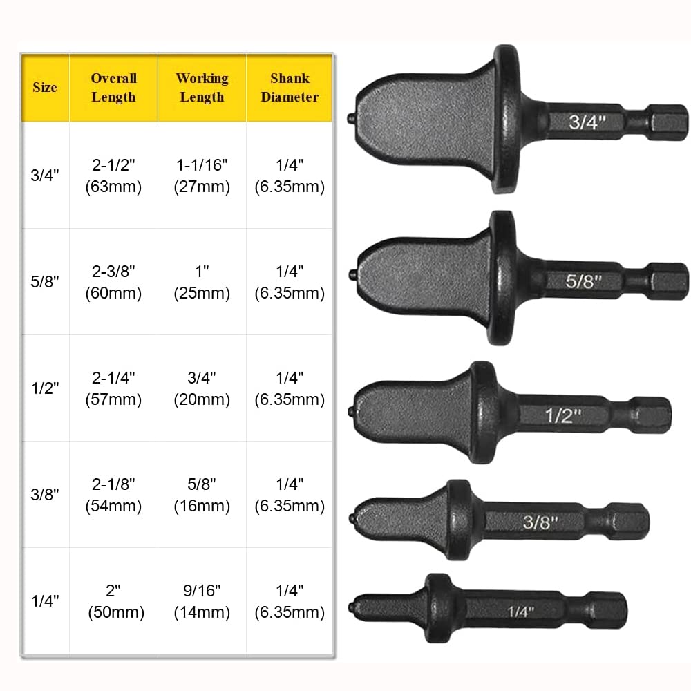 5pc Swaging Tool Drill Bit Set, HVAC Repairing Set 1/4&#39;&#39; Hex Shank Air Conditioner Copper Tube Expander Flaring Drill Bit - 1/4&#39;&#39;, 3/8&#39;&#39;, 1/2&#39;&#39;, 5/8&#39;&#39;, 3/4&#39;&#39;