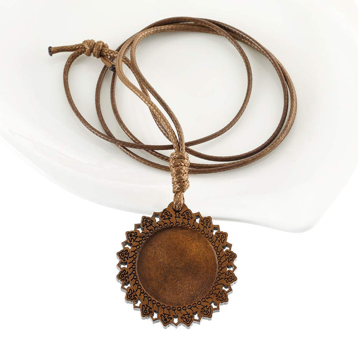 10pcs 25mm 30mm cabochon Blank Settings Wood Pendant Necklace Base Bezel with Leather Cord for Sweater Chain and Jewelry DIY Making (30mm Pattern 2)